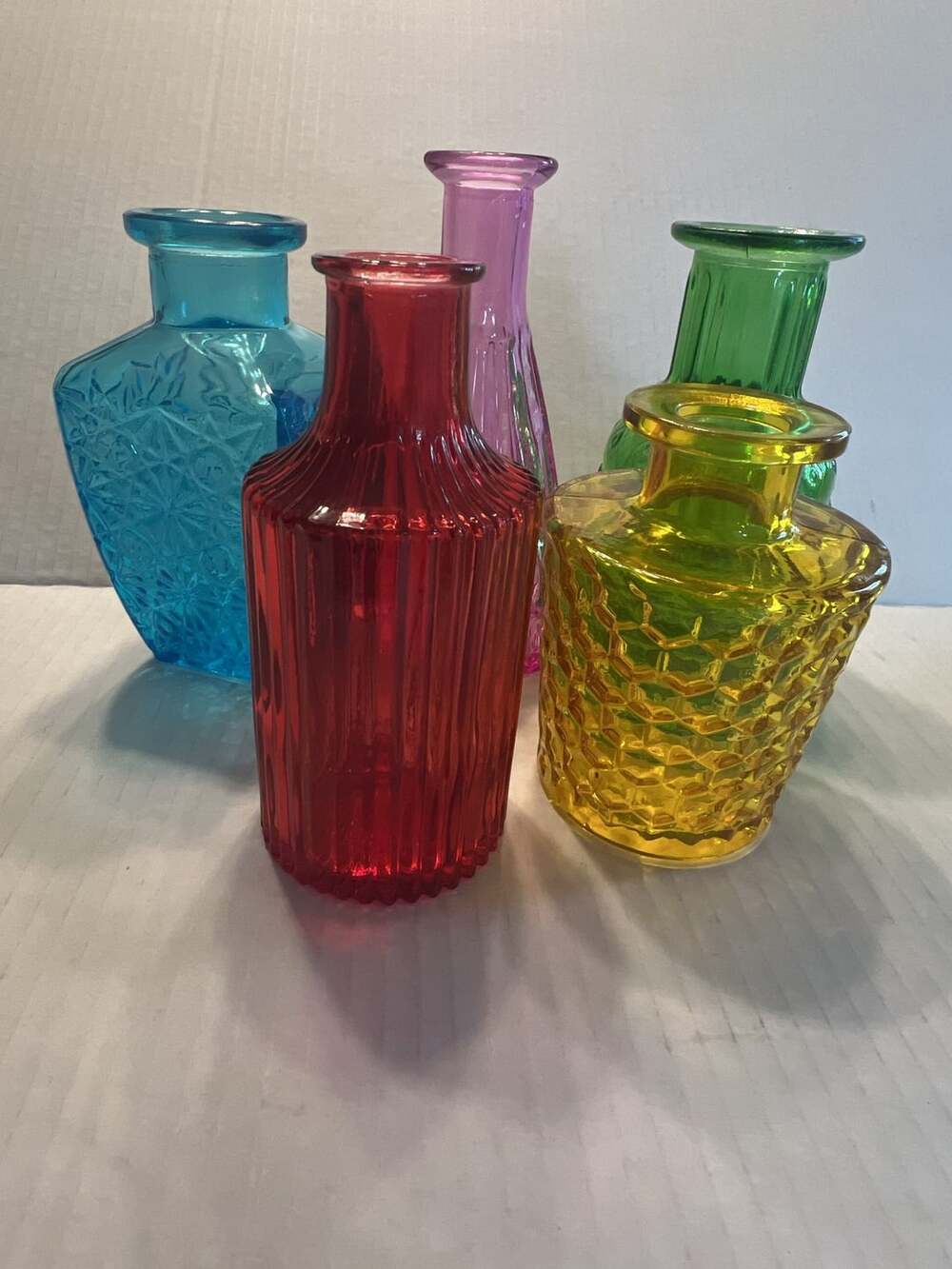 Assorted Colorful Glass Bud Vases Set of 5 Small Vintage Decorative Flower Vases